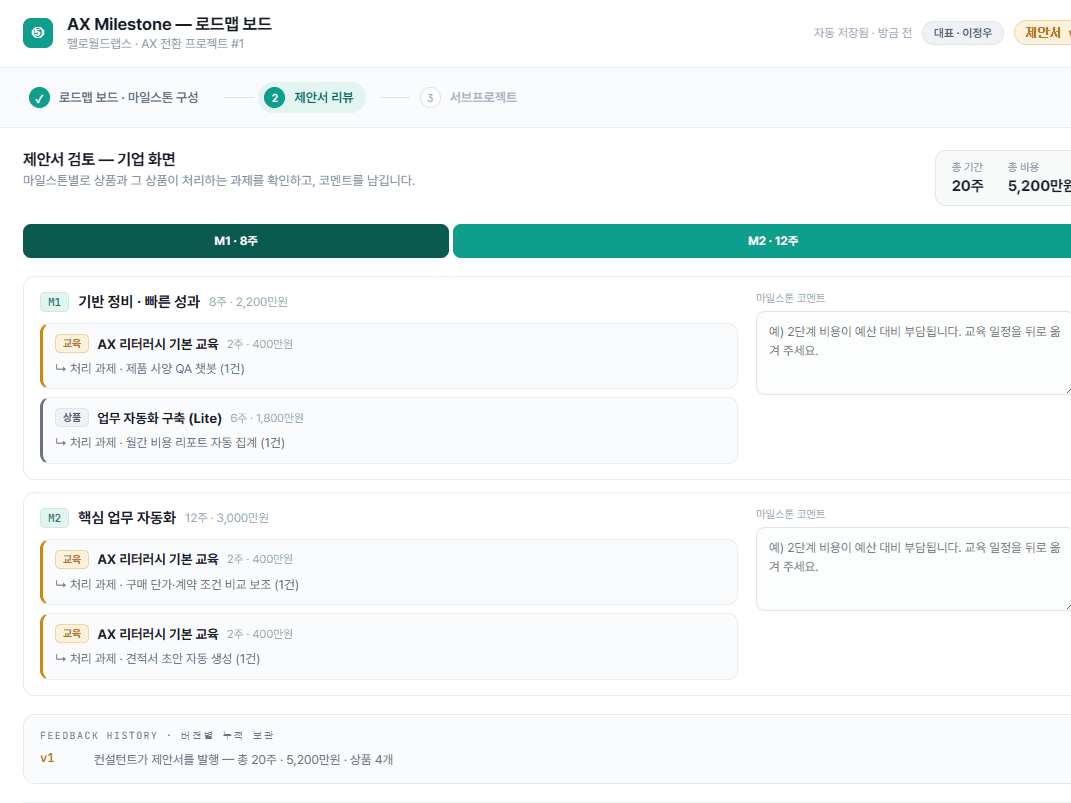 AX Milestone 제안서 리뷰 화면