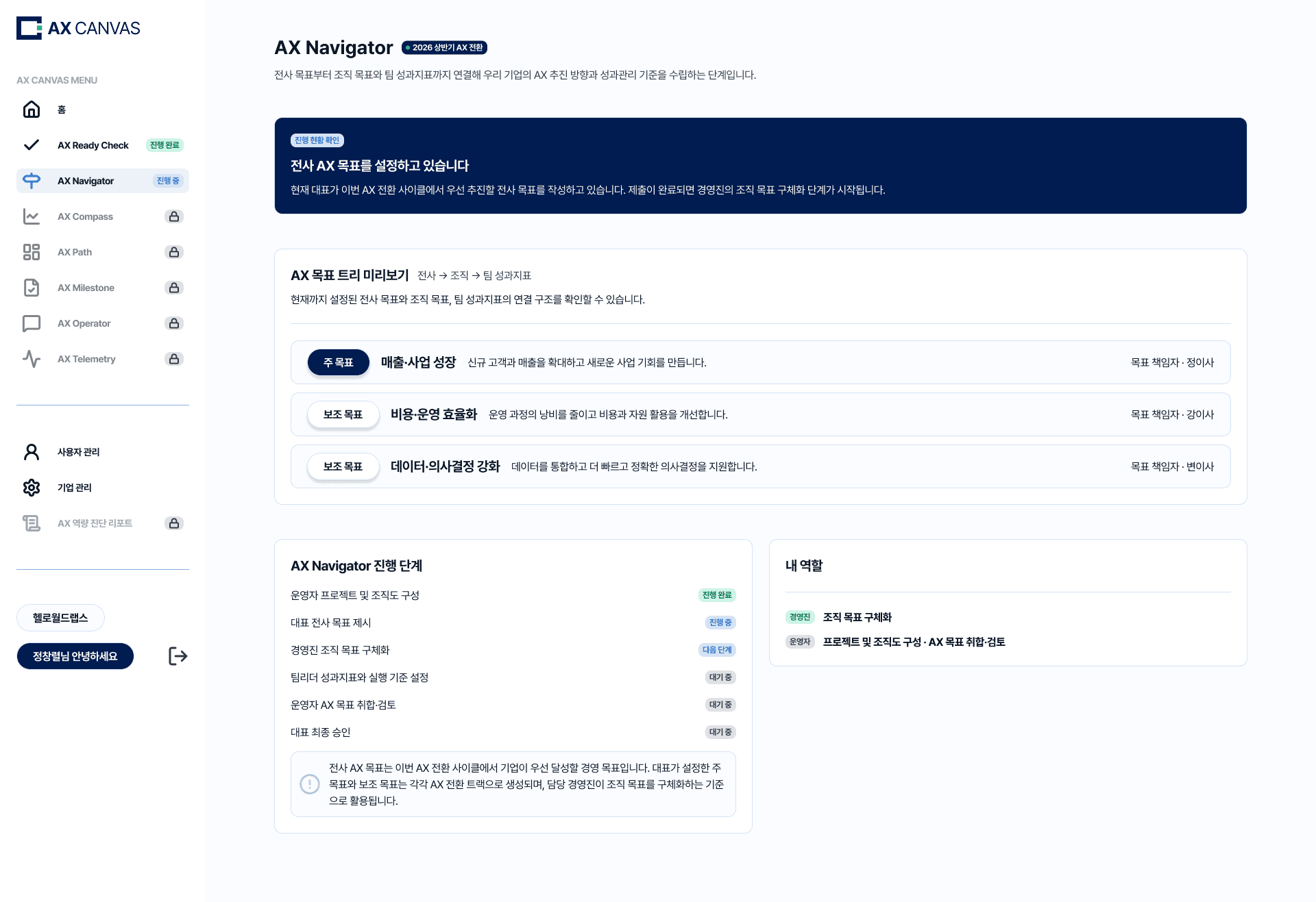 AX Navigator 전사 목표 설정 화면 - 주목표·보조목표 확인